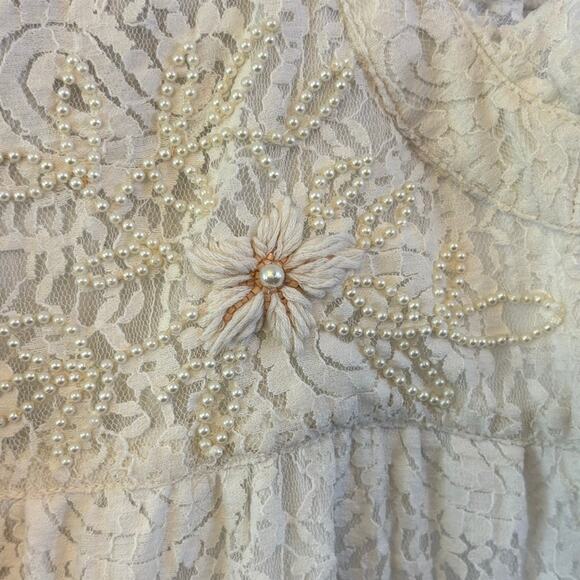 John Mark Lace Pearl Beaded Embroidered Ruffle Collar Top XLarge Cream Coastal - Picture 9 of 9